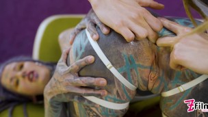 Tattooed girls lesbian play with big toys, lesbian, double penetration, ANAL gape, crazy toys, goth, punk, alternative