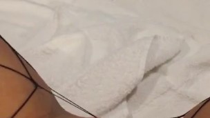 Fucking myself and squirting in fishnets while listening to my roommate fucking her tinder date